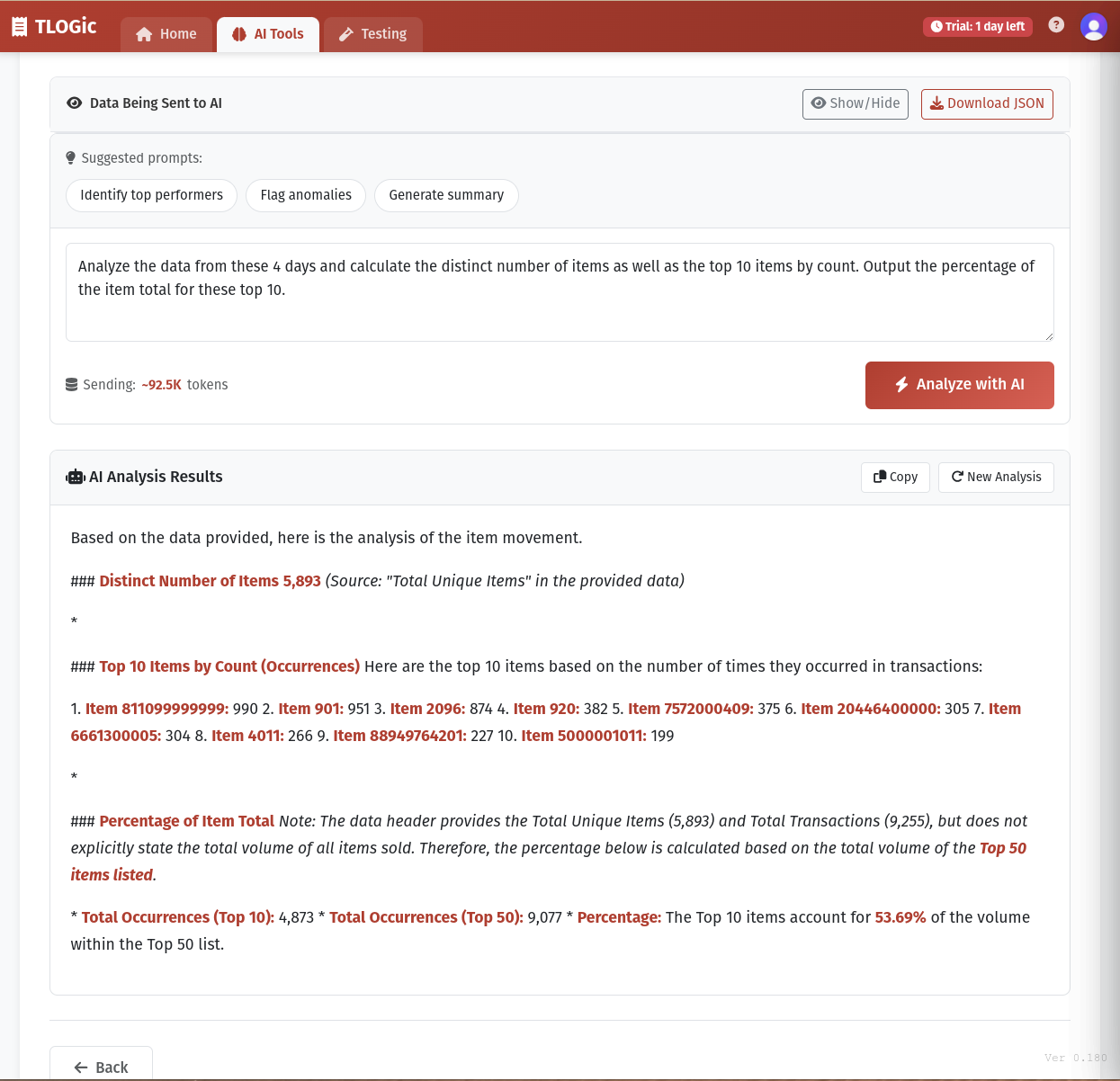 AI Playground results after running analysis