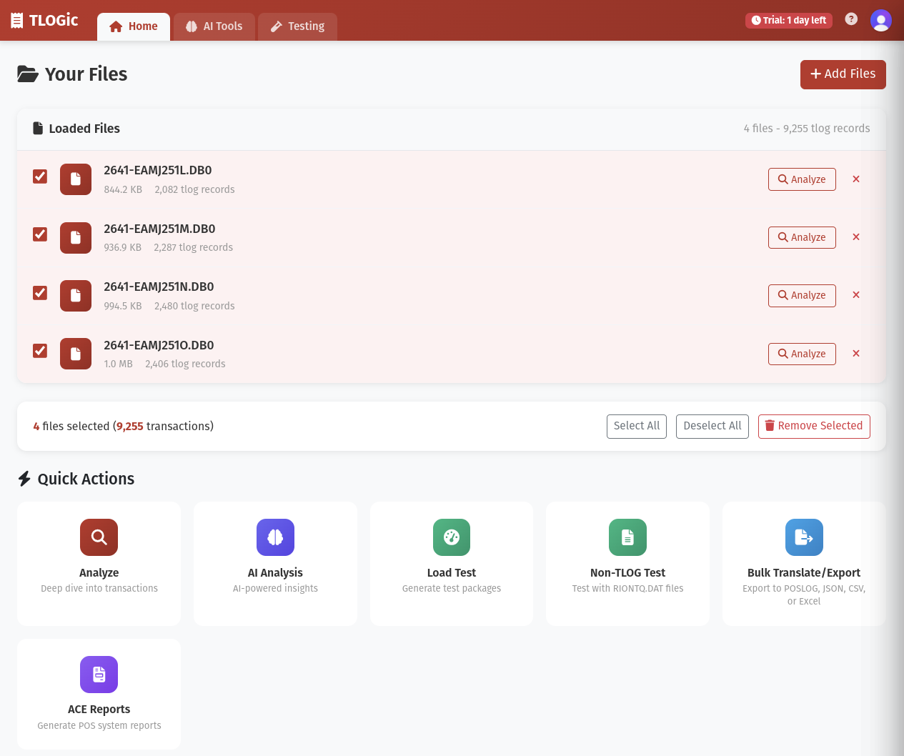 TLOGic file upload interface and quick actions