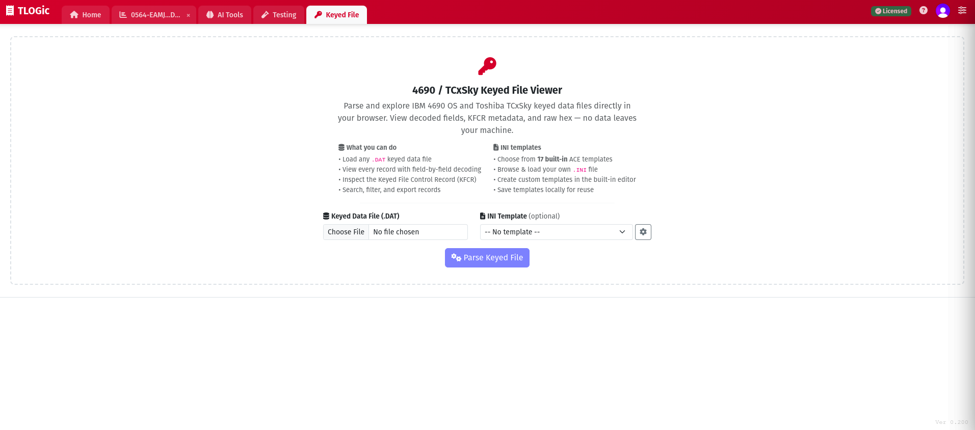 Keyed File Viewer upload screen showing the keyed data file picker, template selector, and Parse Keyed File button