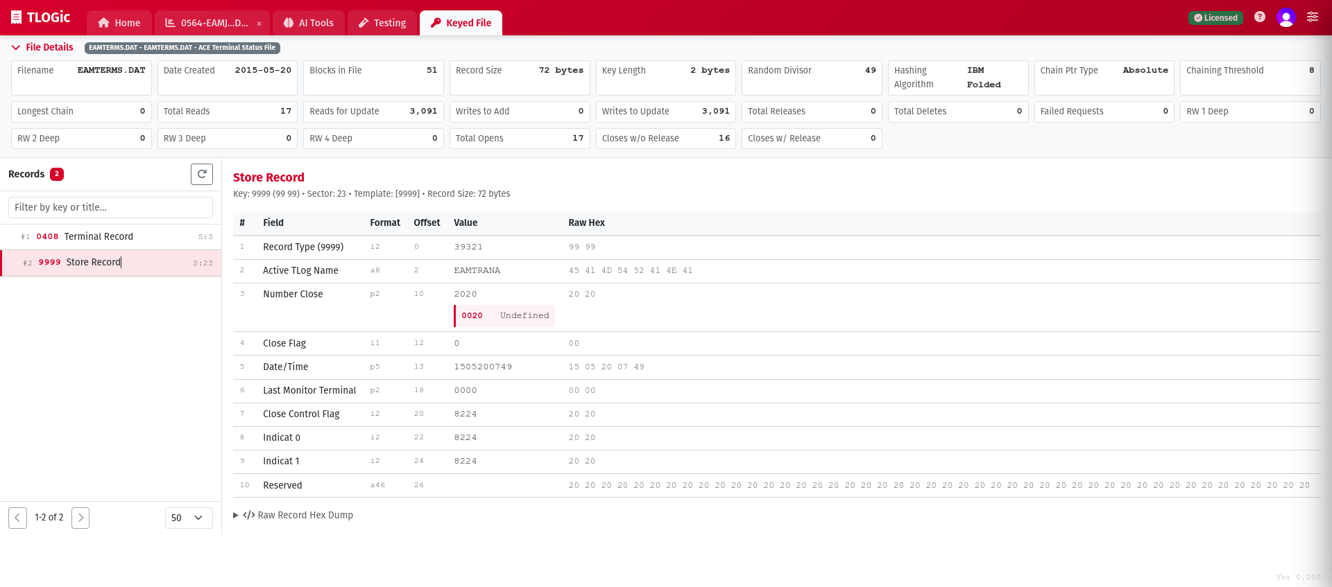 Loaded Keyed File Viewer showing decoded records, KFCR details, and the record list