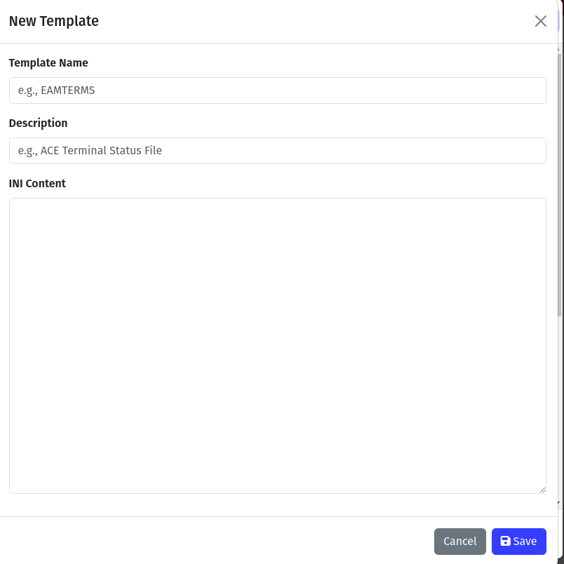 New Template modal with fields for template name, description, and INI content