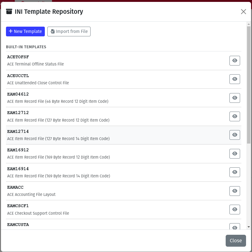 INI Template Repository modal listing built-in templates and buttons for creating a new template or importing from file