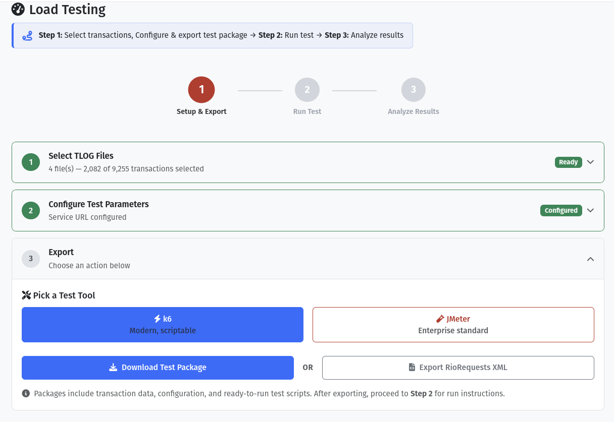 Load testing package setup screen in TLOGic