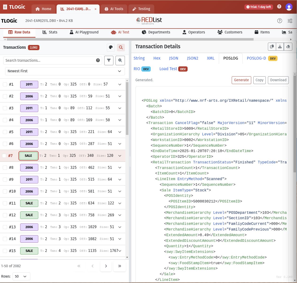 Raw data transaction list and detail view in TLOGic
